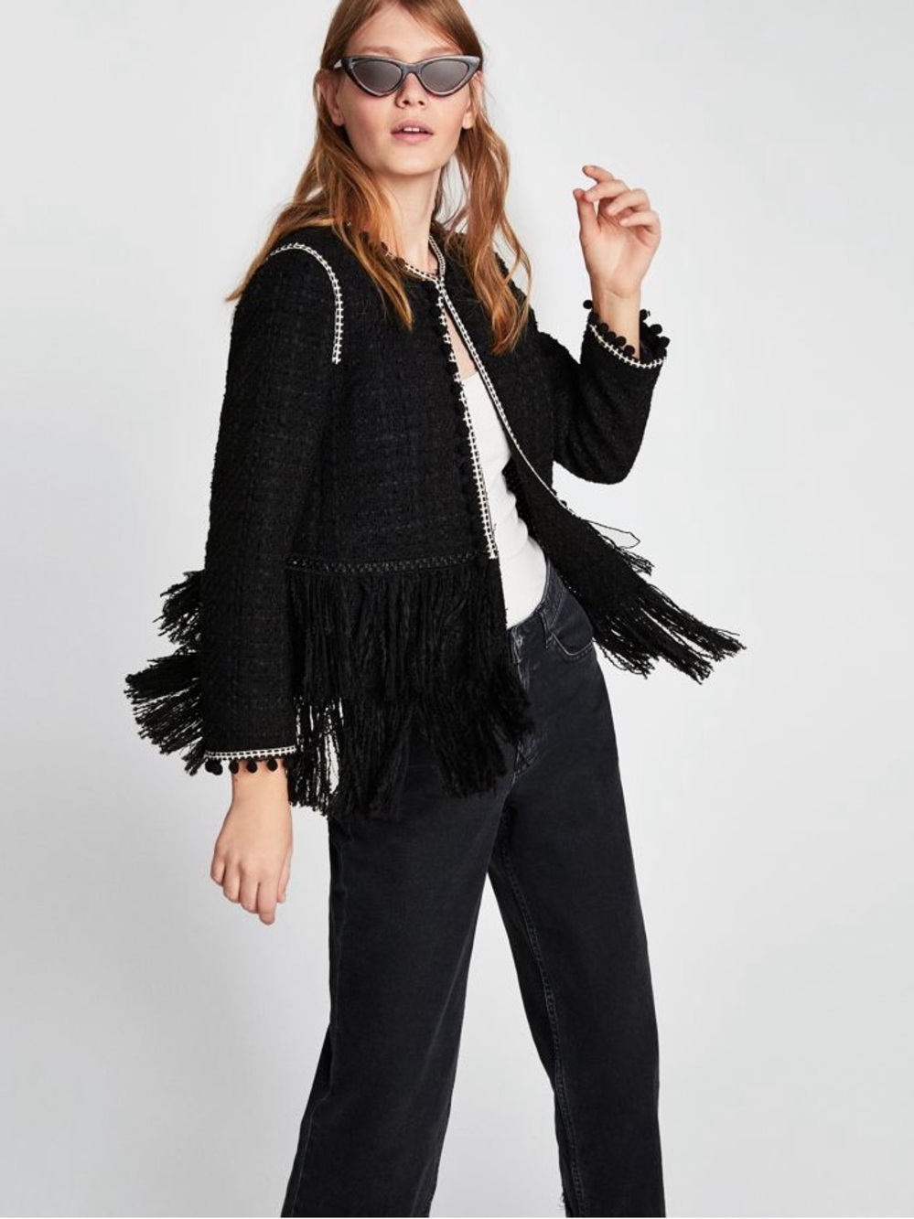 ZARA Pom-Pom Fringe Tweed Boucle Jacket Blazer XS Black White